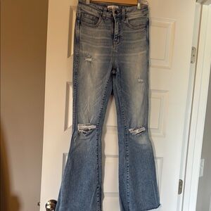 BKE Blue Flare Wide Leg Jeans with Distressed Accents